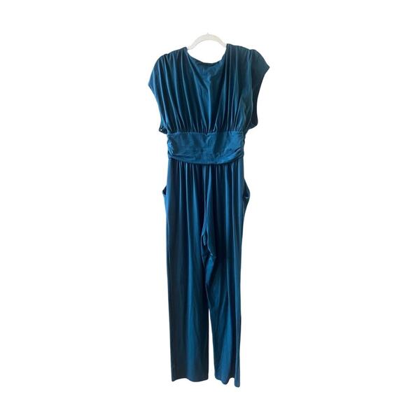 Susana Monaco Dark Teal Peacock Plunge V Neck Pantsuit Jumpsuit XL - Picture 7 of 11